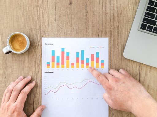 Persoon die maandelijks beleggingen vergelijkt op laptop met spreadsheet en grafiek